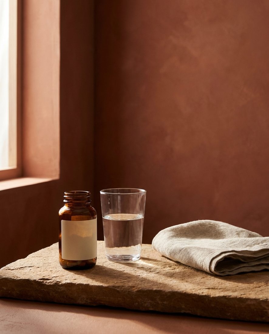 A quiet still life in warm light: a small bottle, a glass of water, and folded linen on stone